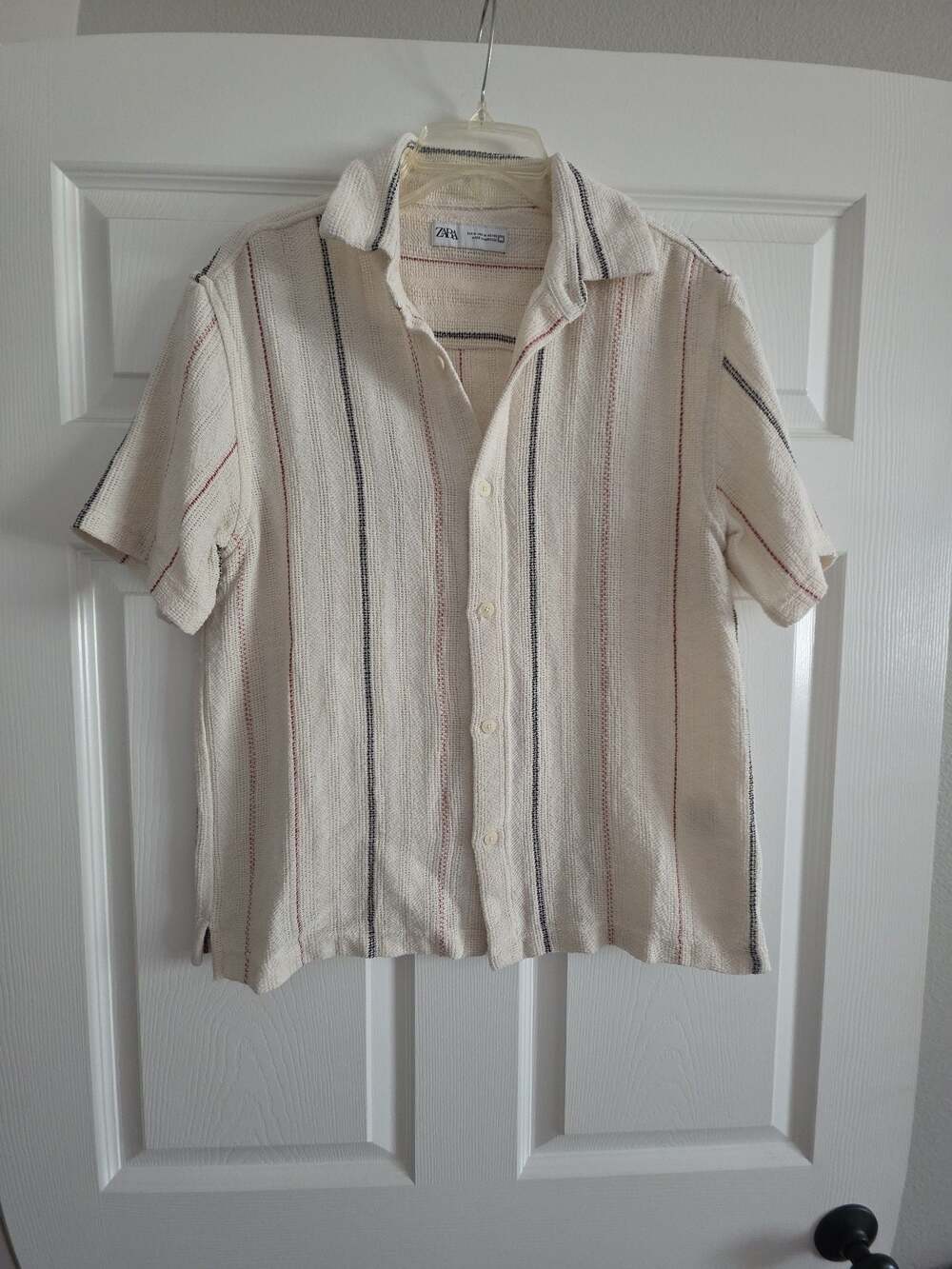 Zara Man Textured Striped Short Sleeve Camp Collar Shirt - Beige/Ecru size M
